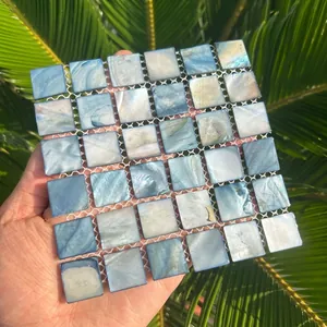 Square natural blue shell mosaic coaster featuring pearlescent tiles for home decor