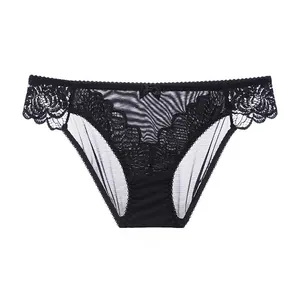 Sexy black sheer mesh lace panties for women featuring a low-rise cut and bow detail