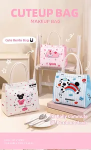 Set of three cute cartoon patterned insulated lunch bags in pink, blue, and white colors.