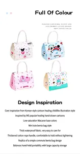 Collection of cute cartoon insulated lunch bags with durable cotton rope handles for students