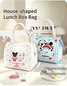 Close-up of two cute insulated lunch bags featuring dalmatian and bear prints in a kitchen setting