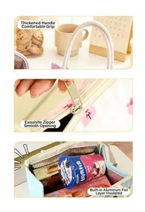 Details of cute insulated lunch bag showing sturdy handles, smooth zipper, and foil lining.