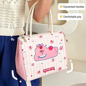 Portable cute pink striped insulated lunch bag featuring cartoon bear and soft handles