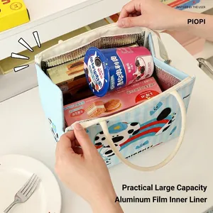 Cute blue striped insulated lunch bag with cartoon dog print and large capacity