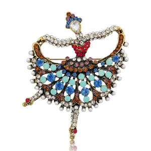 Mode Koreanische Legierung Emaille Tanzendes Mädchen Paar Brosche Gold Rot Strass Künstliche Perle Elegant Korsage Anstecknadel