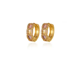 Elegant gold plated huggie hoop earrings featuring colorful multi-colored baguette stones