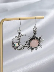 Vintage sun and moon drop earrings with antique silver finish and pink stones for women