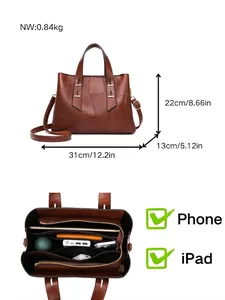 Large capacity brown tote bag for women with dimensions and interior capacity view