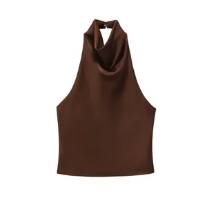 Elegant brown satin halter neck top with cowl neck design and smooth glossy finish