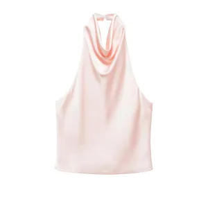 Detailed view of pink satin halter top featuring a draped cowl neck design.