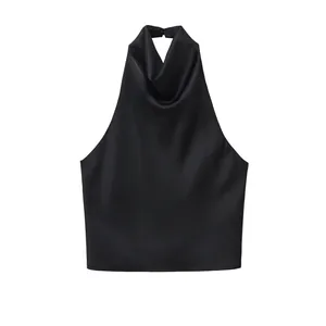 Elegant black silk satin halter neck top with draped cowl neckline detail