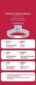 Close-up detail of S925 sterling silver moissanite ring with product specifications