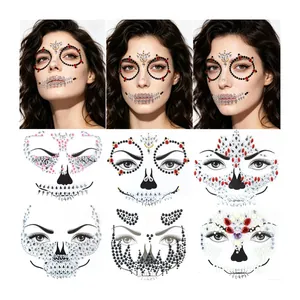 Gioielli viso teschio Halloween con strass in acrilico scintillanti per trucco da festa
