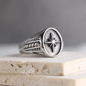 Men Retro Signet Ring Stainless Steel Eight Point Star Polaris Compass Embossed Gothic Punk Jewelry Biker Band