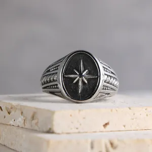 Vintage stainless steel signet ring with engraved North Star pattern for men style