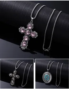 Colliers bohèmes vintage avec pendentifs croix et turquoise et chaînes en acier inoxydable