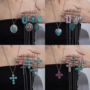Collier Pendentif Turquoise Bohème Vintage Alliage Style Ethnique Bijoux Pour Femmes Accessoire Chaîne En Acier Titane