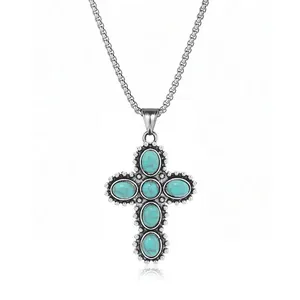 Collier avec pendentif croix turquoise bohème rétro pour femme en chaîne de titane