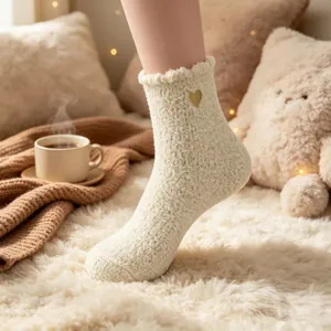 Women's Fuzzy Coral Fleece Mid-Calf Socks Embroidered Heart Warm Winter Home Sleep Socks Thickened Japanese Style Cozy Hosiery