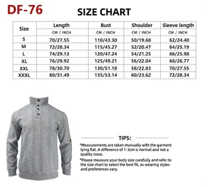 Size chart for men's heavy jacquard sweater with button collar and elbow patches detail
