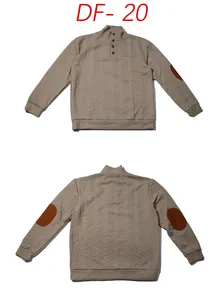 Detailed view of men's cable-knit Henley sweater with button collar and brown elbow patches