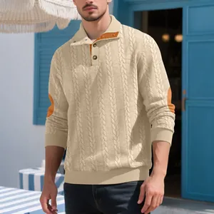 Elegant heavy jacquard men's henley sweater with button collar and elbow patches for fall