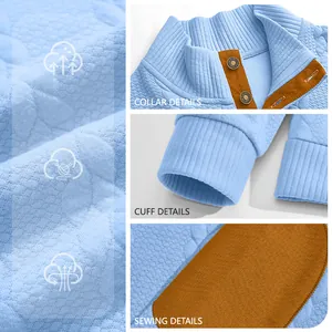 Premium men's jacquard Henley sweatshirt featuring stand collar and elbow patch details.