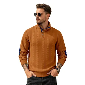 Premium men's rust orange cable knit Henley sweater with stylish navy elbow patches