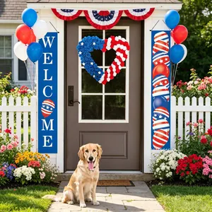 Patriotic July 4th heart wreath and Welcome banners for outdoor porch decoration