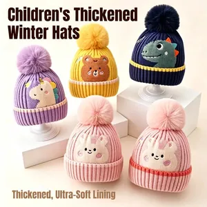 Cute children's knitted winter hat with colorful cartoon animal embroidery and pom-pom