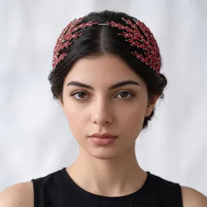 Luxury red rhinestone branch headband elegant bridal wedding banquet hair accessory