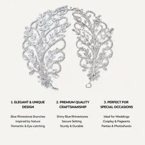 Luxurious silver bridal headband with shiny blue rhinestone branch design for weddings