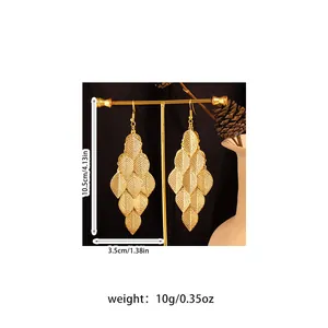 Long gold layered leaf earrings showing dimensions 10.5cm and weight 10g