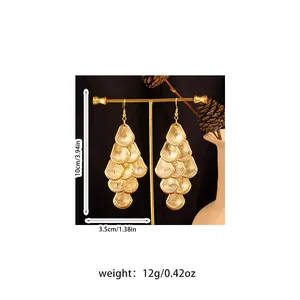 Detail of gold tiered shell-shaped long tassel earrings with dimension info