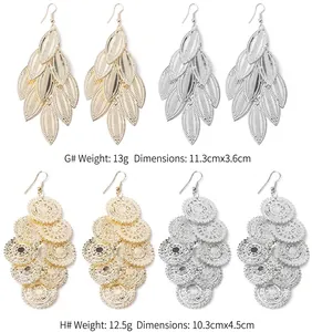Detailed view of fashionable long metallic dangle earrings with leaf and disc filigree designs.