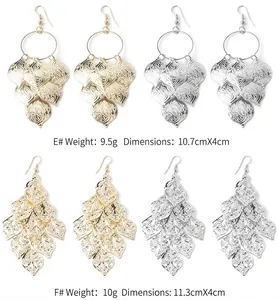 Detailed size and weight specs for bohemian metal leaf tassel earrings in gold and silver