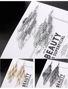 Detailed view of metallic multi-leaf tassel drop earrings in silver, gold, and black colors.