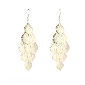 Elegant golden tiered leaf tassel long dangling earrings with ear hooks