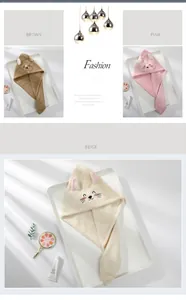 Detailed view of cute cat embroidered coral fleece dry hair caps in three soft colors