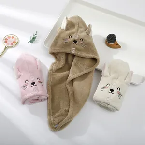 Women Coral Fleece Hair Drying Cap Absorbent Cartoon Cat Bunny Ears Hair Drying Towel Hat With Button Fastening
