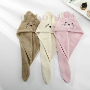 Three cartoon cat embroidered coral fleece hair drying towels in pink, beige and brown