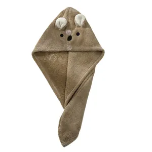 Cute brown cat shaped coral fleece hair drying towel cap with ears and absorbent material