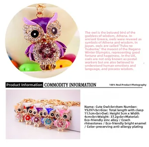 Detailed technical specifications for rhinestone cartoon owl metal keychain