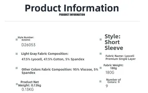 Product specifications for women's athletic T-shirt, including material and weight details.