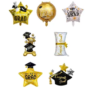 Assorted graduation foil balloons including star round and cap shapes with dimensions