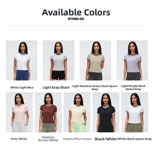 Grid display of color options for women's contrast trim short-sleeve yoga sports T-shirts