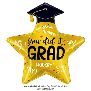 Large gold star-shaped graduation balloon featuring black mortarboard and celebratory text