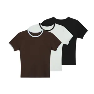 Detailed view of three slim fit ribbed T-shirts in different colors with contrast trim