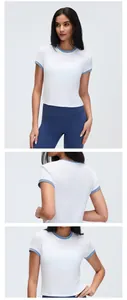 Detail views showing the front and back of white and blue contrast trim sports t-shirt