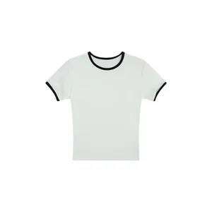 White minimalist ringer t-shirt featuring black contrast trim and a slim-fit crew neck style.